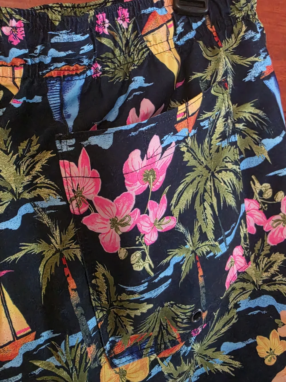 Swim Trunks Shorts Mens L Old Navy Blue Sail Boats Floral Palm Trees